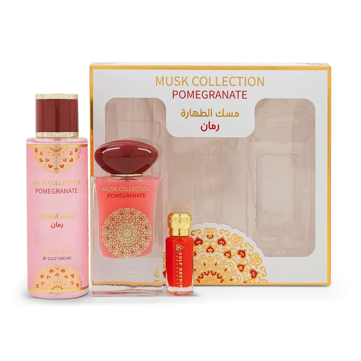 Парфумований набір унісекс Gulf Orchid Pomegranate Musk Collection Set (парфумована вода, 60 мл + парфумований спрей для тіла, 250 мл + олійні парфуми, 12 мл)