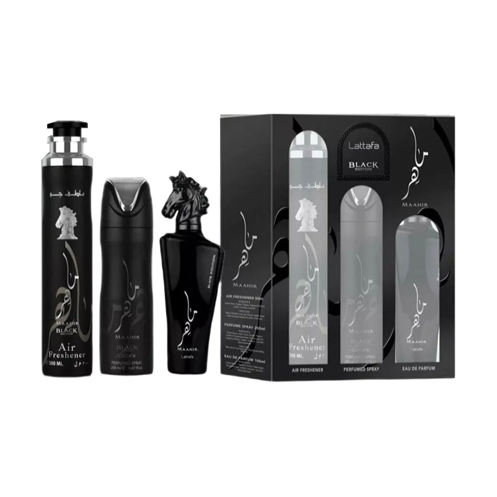 Парфумований набір унісекс Lattafa Perfumes Maahir Black Set (парфумована вода, 100 мл + дезодорант, 200 мл + освіжувач, 300 мл)
