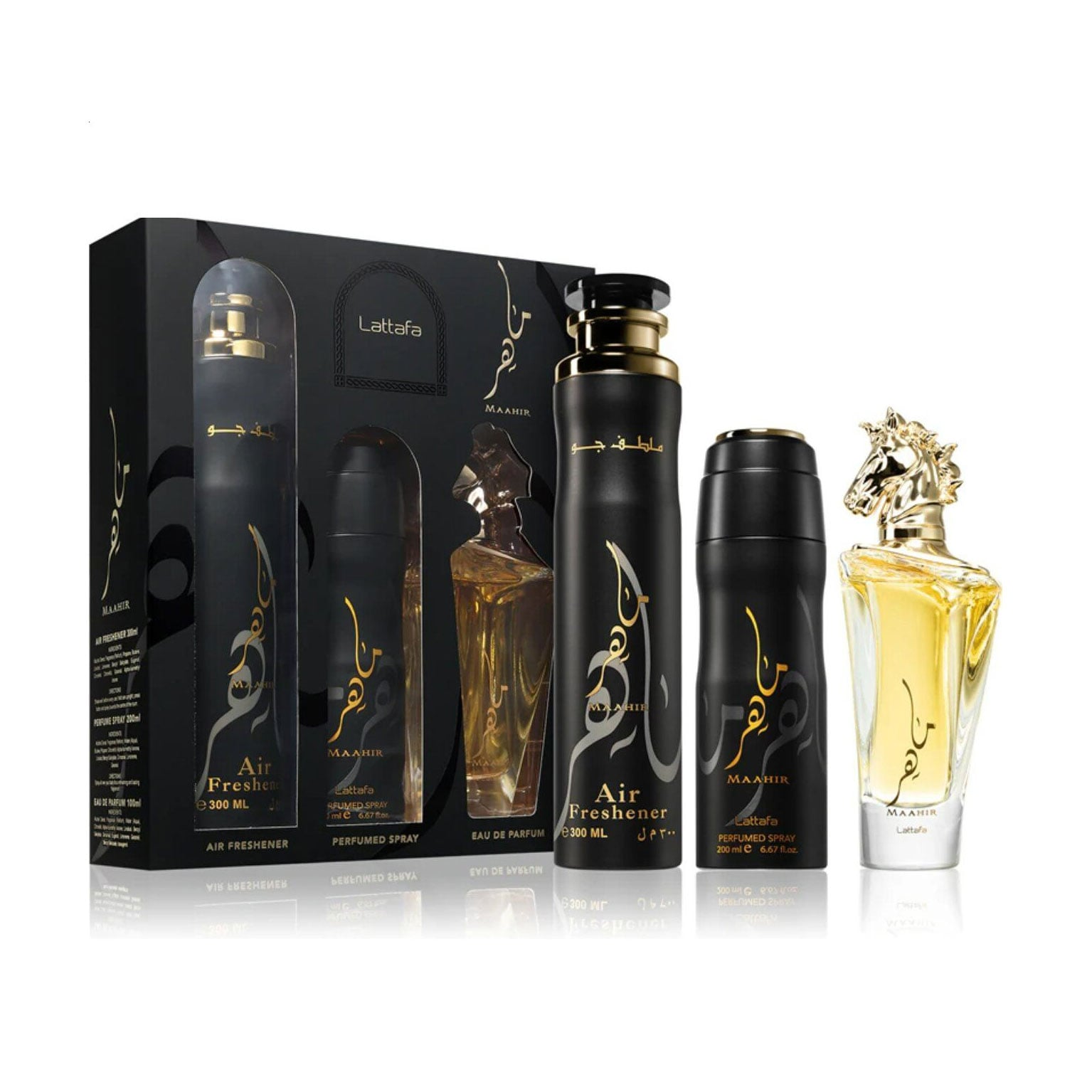 Парфумований набір унісекс Lattafa Perfumes Maahir Set (парфумована вода, 100 мл + дезодорант, 200 мл + освіжувач, 300 мл)